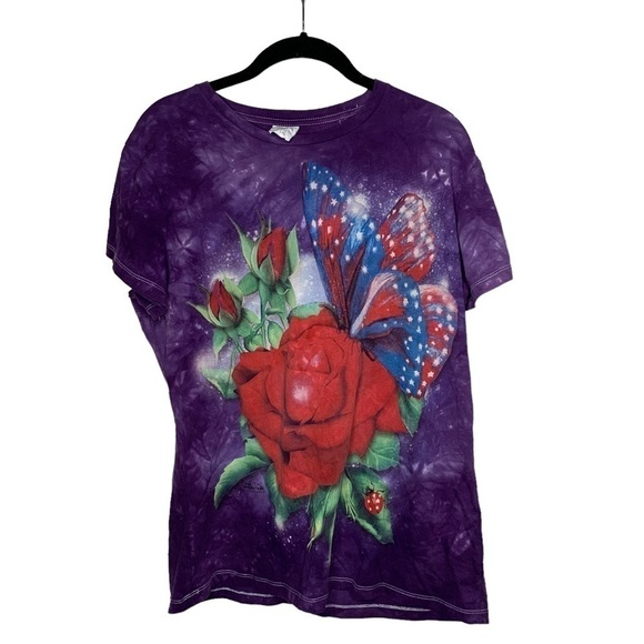 The Mountain Tops - The Mountain Women's Purple Tie Dye Rose Butterfly Ladybug Shirt--Sz L